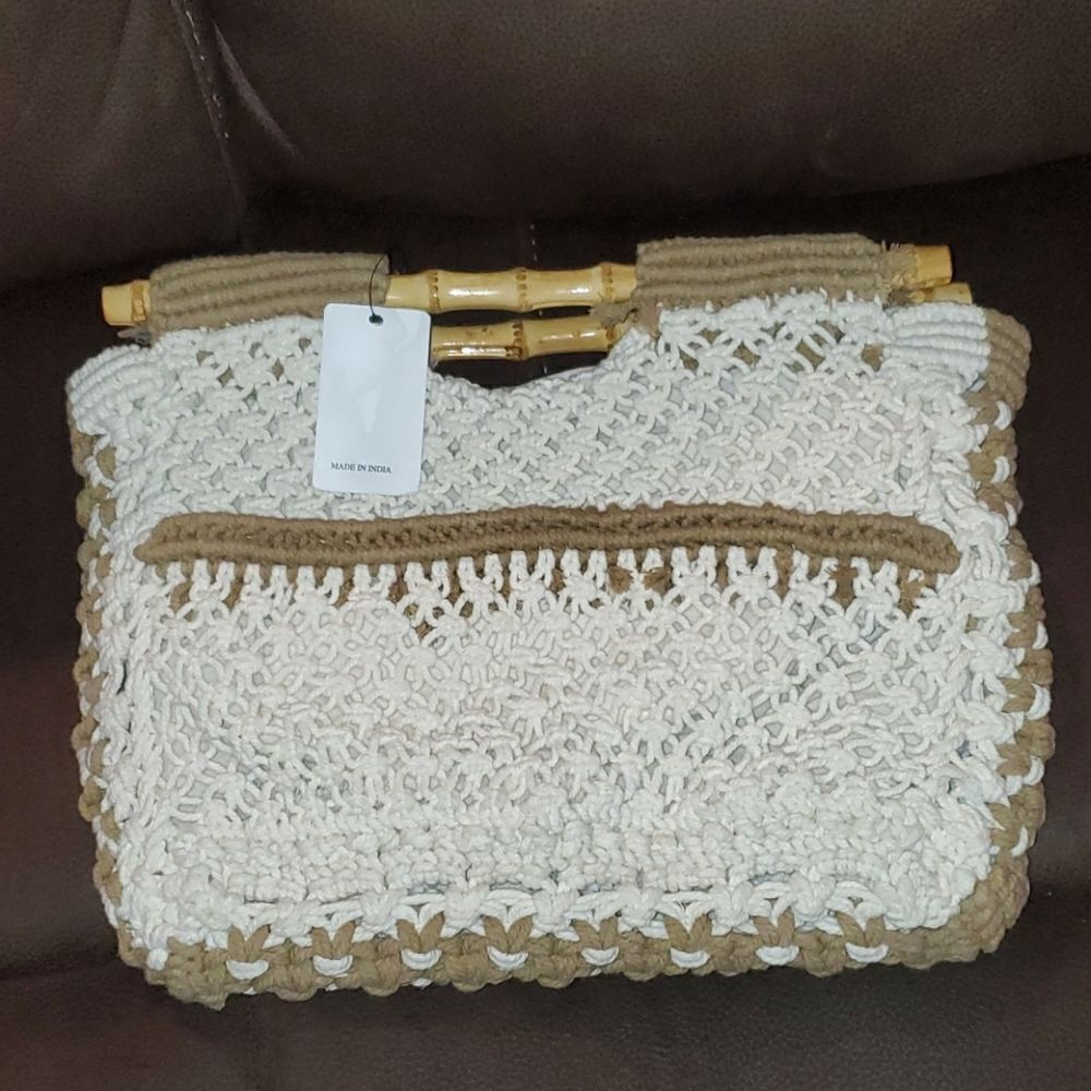 Straw Studios Boho Macrame Bamboo Handle Purse New
